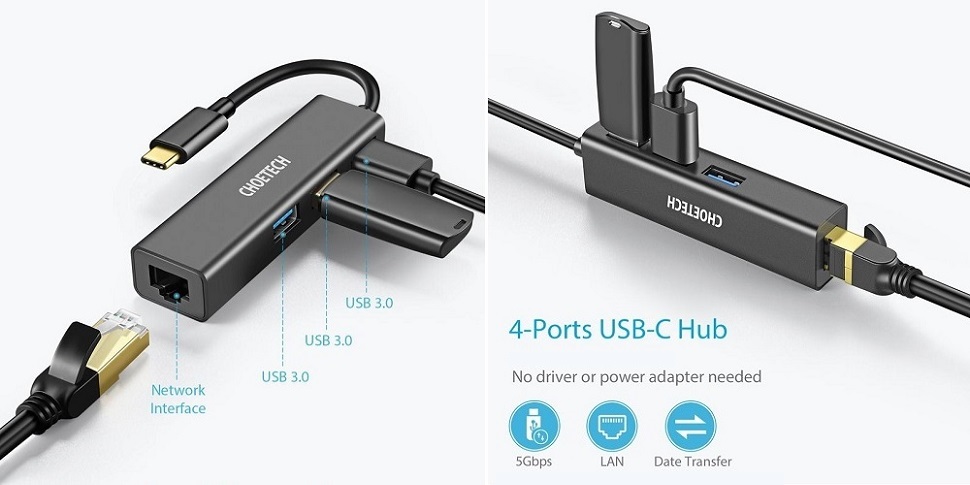 Adapteris Choetech Usb Type-C Uz 1X Rj-45, 3X Type-A | Adapter To (0)