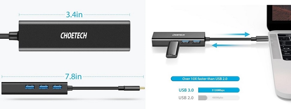 Adapteris Choetech Usb Type-C Uz 1X Rj-45, 3X Type-A | Adapter To (2)