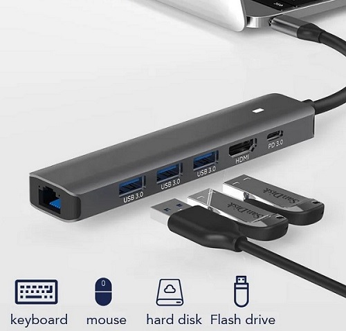 Adapteris USB Type-C - HDMI, LAN, 3x 3.0 Type-A, PD100W | Adapter (2)