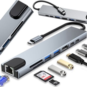 USB-C Hub 8-in-1 adapteris ar 4K 60Hz HDMI, 100W PD, Ethernet, 2x USB 3.0, SD