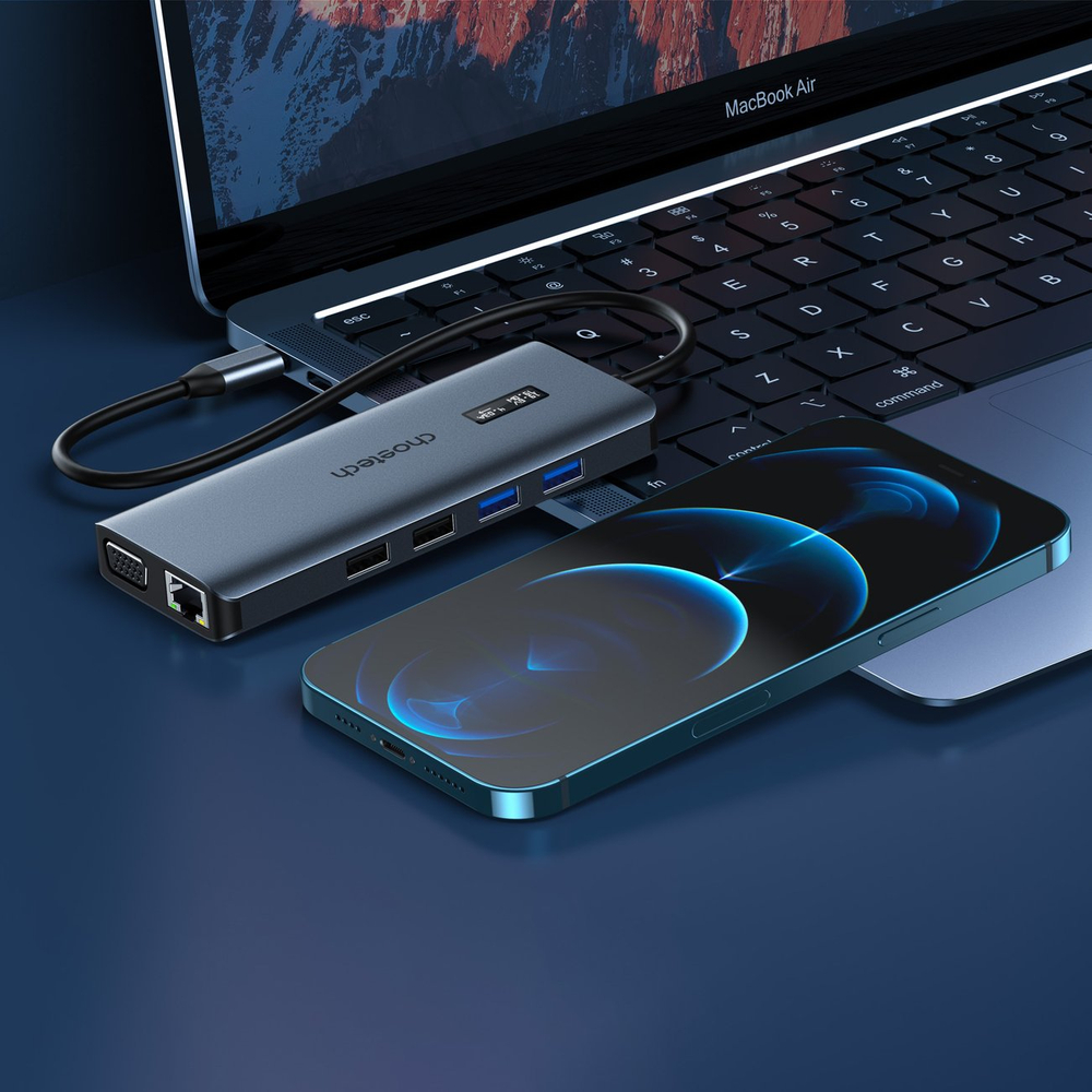 Choetech multifunkcionāls 12‑in‑1 HUB ar displeju USB‑C uz USB‑C / USB‑A / HDMI / VGA / AUX / SD / TF,... (2)