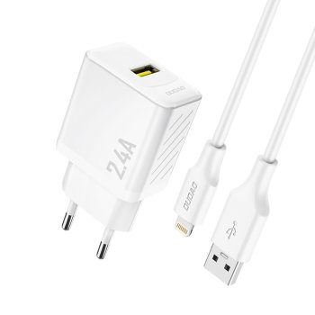 Dudao A23LEU 2.4A GaN EU USB-A sienas lādētājs ar USB-A uz Lightning kabeli – balts