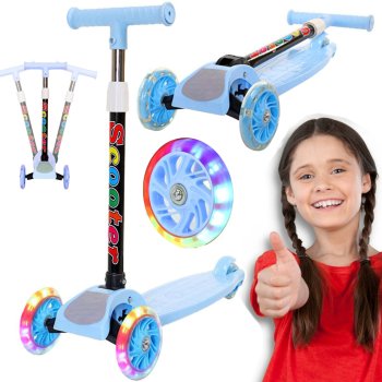 Bērnu trīsriteņu saliekamais skrejritenis ar LED riteņiem, Zils | Foldable Kids Scooter