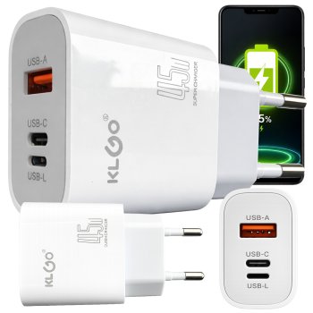Ātrais 45W sienas lādētājs ar USB-C USB-A un Lightning portiem universāls Quick Charge