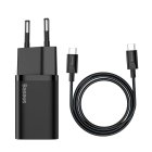 Baseus Super Si Wall Charger 25W USB Type C + Charging Data Cable 3A, Black | Uzlādes Ierīce Lādētājs Adpaters + Lādētājvads Kabelis