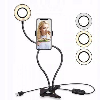 Dienas Gaismas Gredzenveida Riņķa LED Lampa ar Lokāno Telefona Turētāju uz Knaģa | Desktop Selfie Ring Light with Clip On and Phone Holder