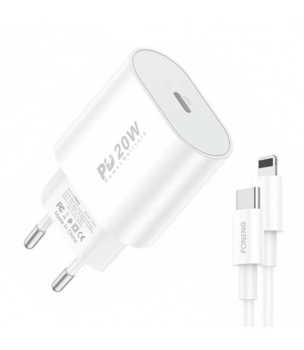 Foneng EU39 Wall Charger 20W USB Type C + Charging Data Cable ( Type C to Apple iPhone Lightning ) 3A, White | Uzlādes...