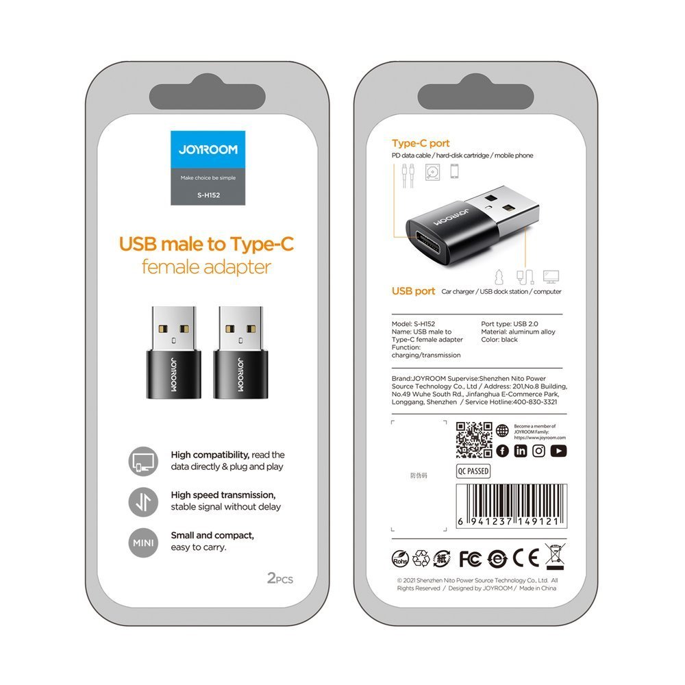 Joyroom adapteris no USB Type-C (ligzda) uz USB (spraudnis), 2 gab., melns (S-H152 Black) (3)