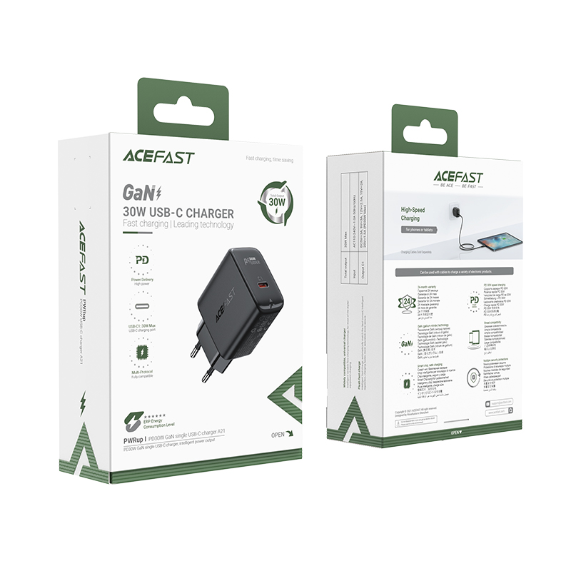 Acefast GaN USB Type-C 30W lādētājs, PD, QC 3.0, AFC, FCP, melns (A21 black) (3)