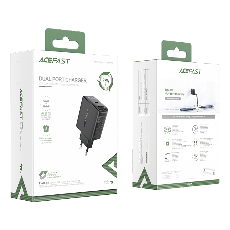 Acefast sienas lādētājs USB Type-C / USB 32W, PPS, PD, QC 3.0, AFC, FCP, melns (A5 black) (3)