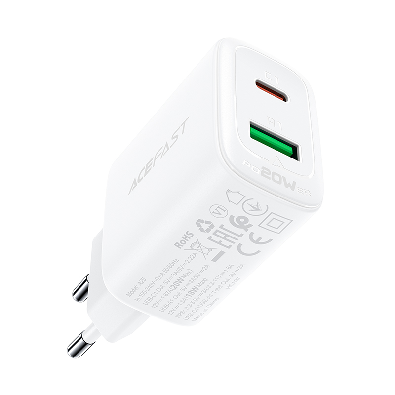 Acefast sienas lādētājs USB Type C / USB 20W, PPS, PD, QC 3.0, AFC, FCP, balts (A25 white) (2)