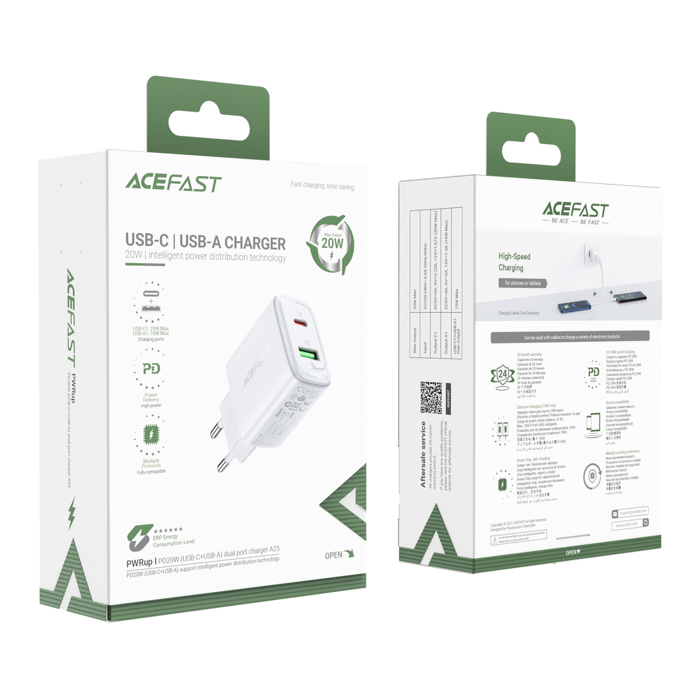 Acefast sienas lādētājs USB Type C / USB 20W, PPS, PD, QC 3.0, AFC, FCP, balts (A25 white) (3)