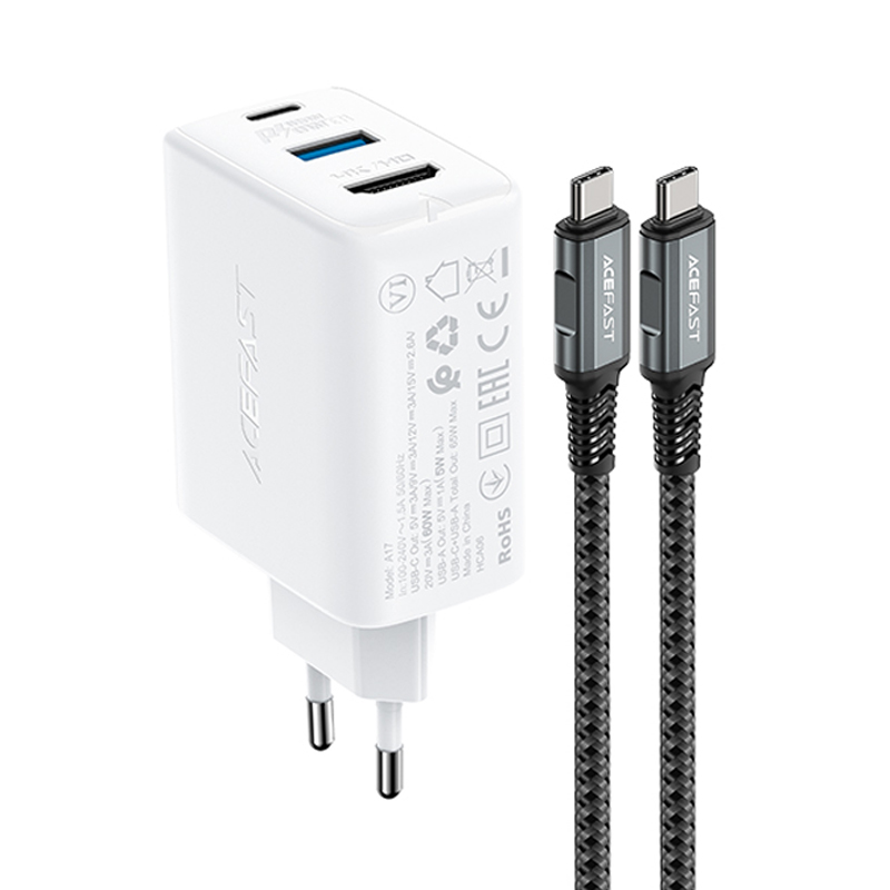 Acefast 2in1 lādētājs GaN 65W USB Type C / USB, HDMI 4K @ 60Hz adapteris (komplekts ar kabeli) balts (A17 white) (0)