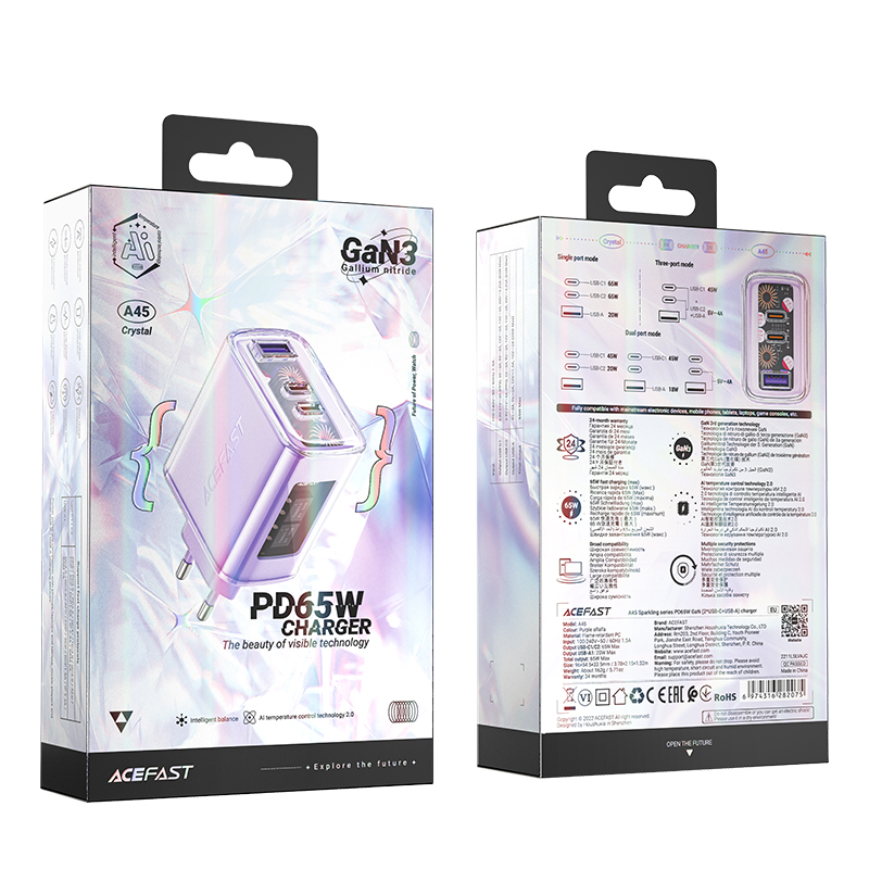 Acefast lādētājs GaN 65W ar 3 portiem (1xUSB, 2xUSB-C) violets (A45) (2)