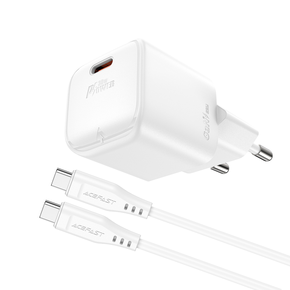 Acefast A77 Mini PD 30W GaN sienas lādētājs + USB‑C kabelis - balts (0)