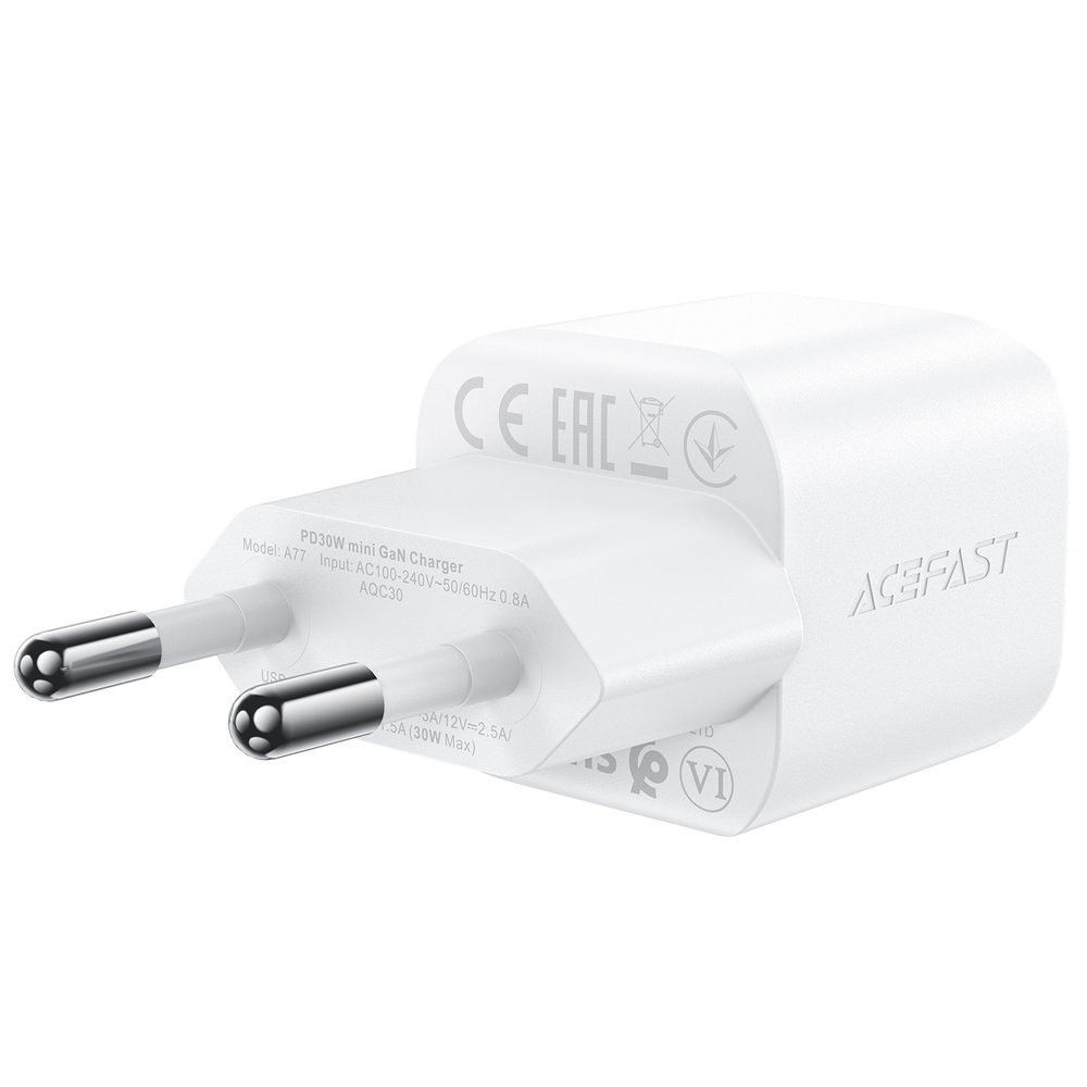 Acefast A77 Mini PD 30W GaN sienas lādētājs + USB‑C kabelis - balts (1)