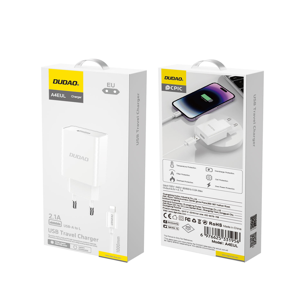 Dudao A4EU USB-A 2.1A sienas lādētājs – balts + USB-A – Lightning kabelis (1)