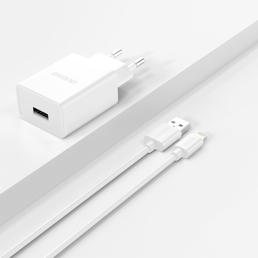 Dudao A4EU USB-A 2.1A sienas lādētājs – balts + USB-A – Lightning kabelis (2)