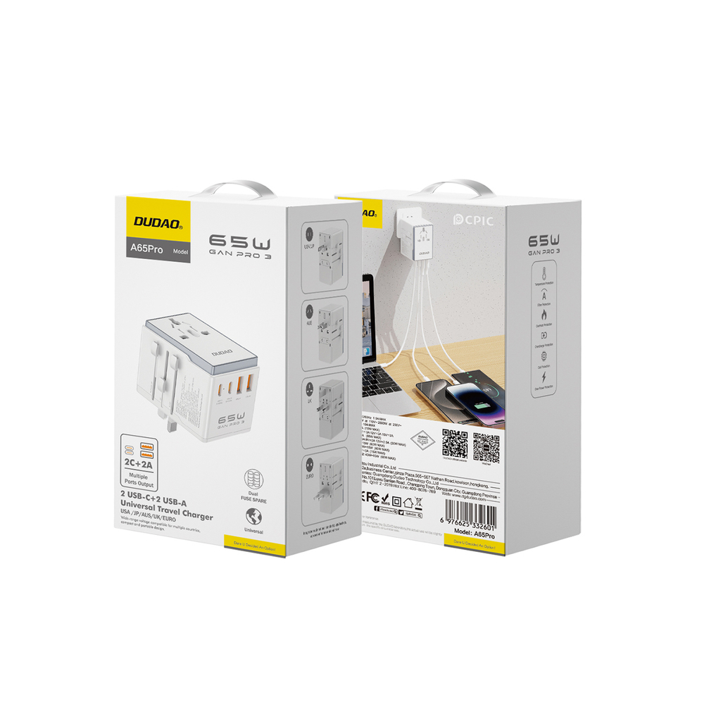 Dudao A65Pro 65 W ceļojumu adapteris EU / US / JP / AUS / UK ar 2x USB-C un 2x USB-A – balts (2)