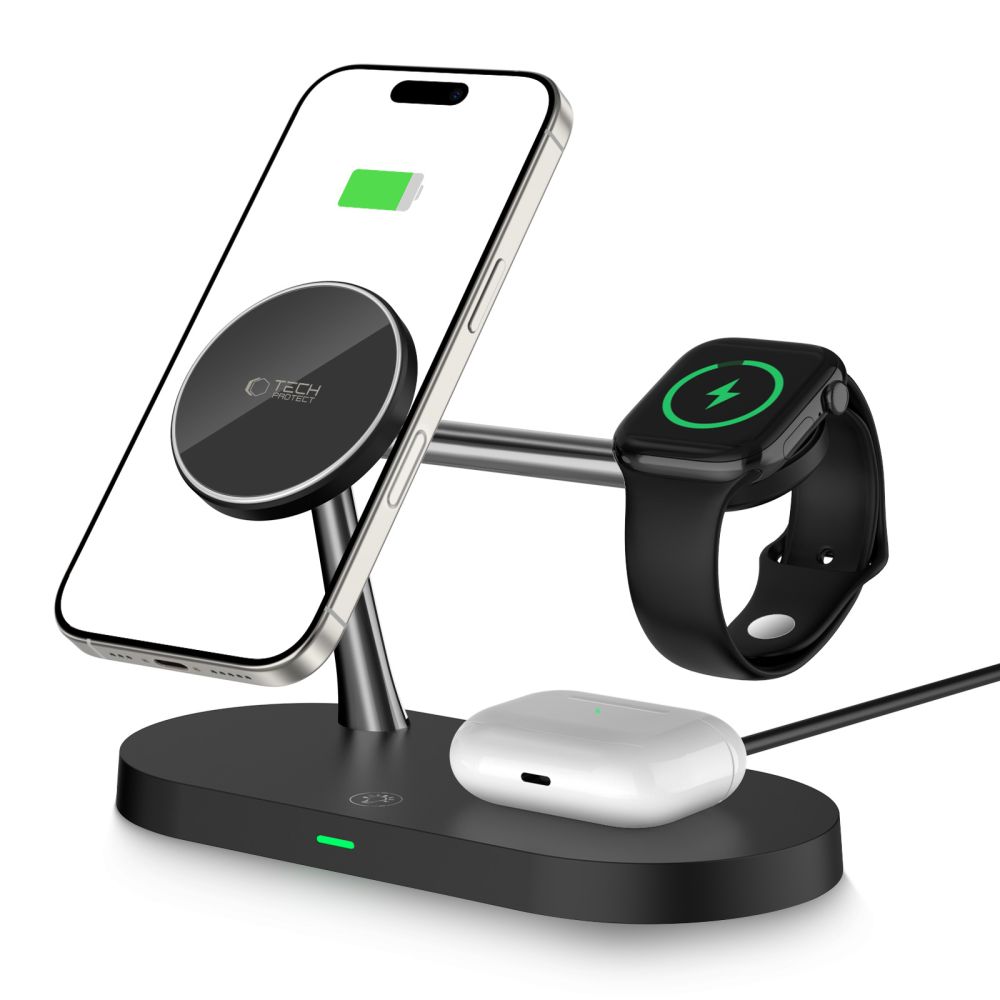 Tech-Protect A12 3in1 MagSafe induktīvā lādētāja stacija viedtālrunim/austiņām/viedpulkstenim – melna (0)