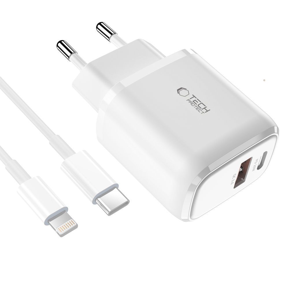 Tech-Protect C20W USB-C PD 20W / USB-A QC 3.0 lādētājs ar USB-C / Lightning kabeli – balts (0)