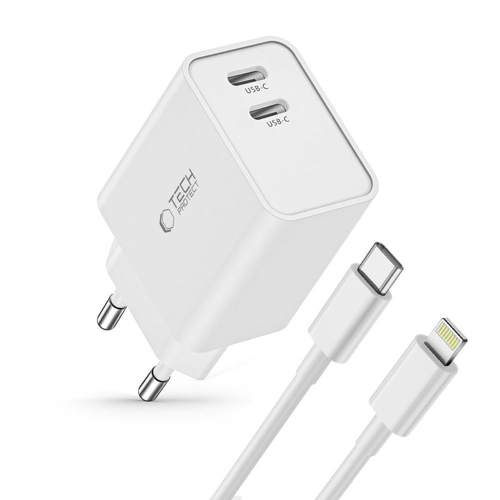 Tech-Protect C35W 2x USB-C PD 35W sienas lādētājs ar USB-C / Lightning kabeli – balts (0)
