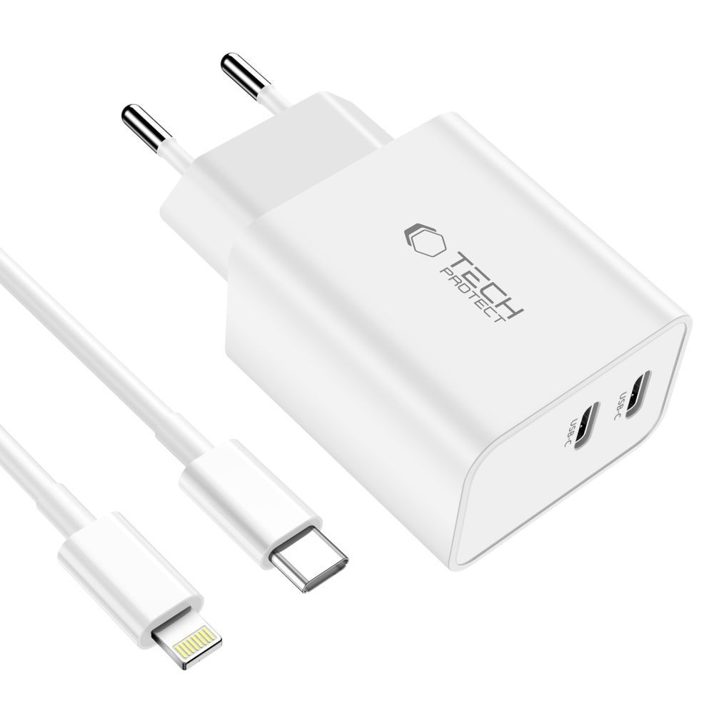 Tech-Protect C35W 2x USB-C PD 35W sienas lādētājs ar USB-C / Lightning kabeli – balts (1)
