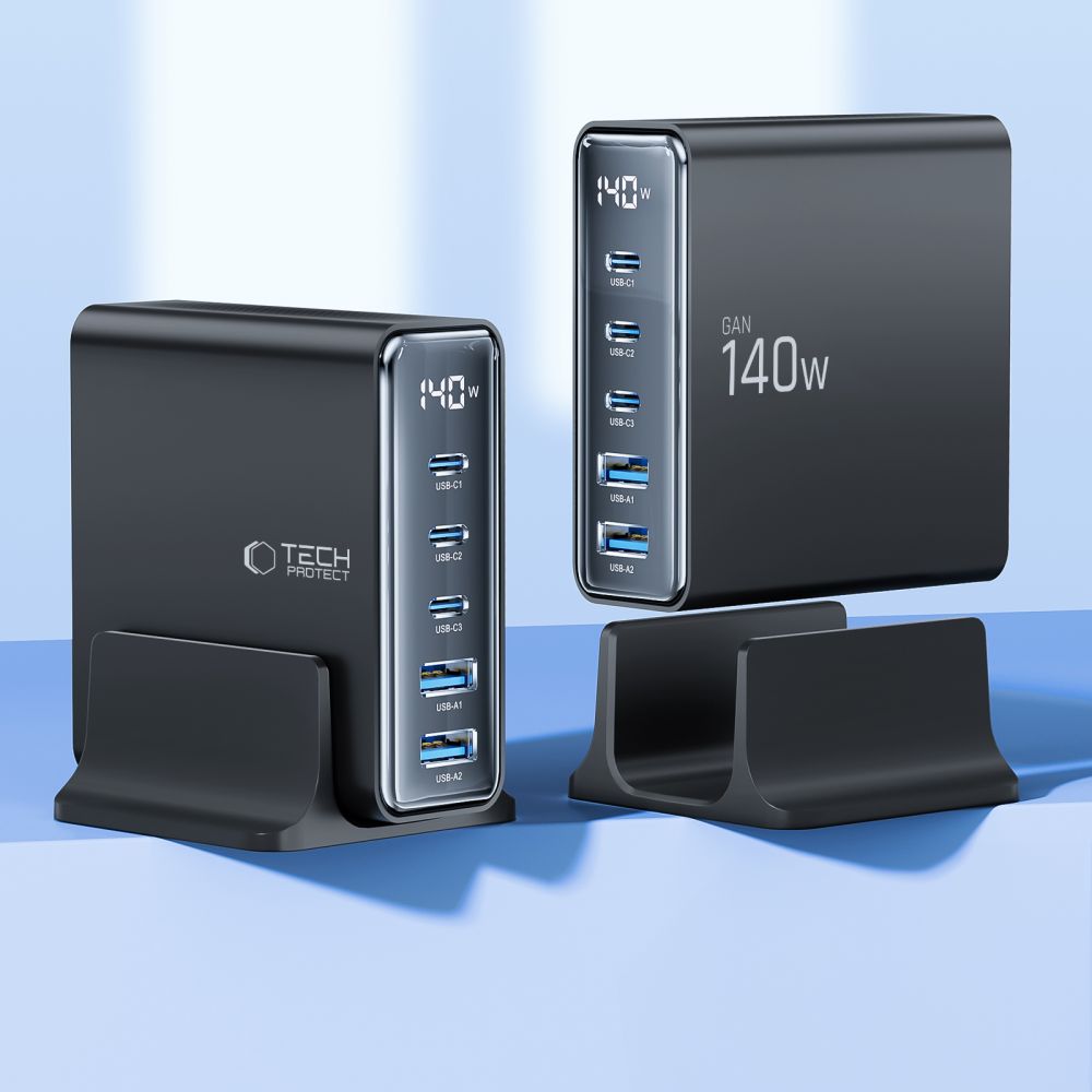 Tech-Protect DC140W-GAN 5-PORT PD140W/QC3.0 uzlādes stacija – melna (1)