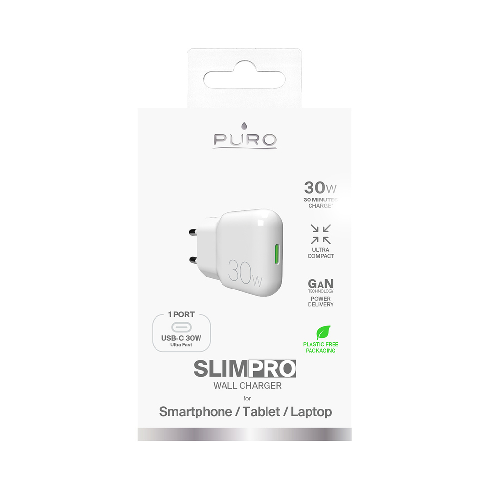 GaN Puro SLIMPRO 30W USB-C sienas lādētājs ar USB-C pieslēgvietu - balts (1)