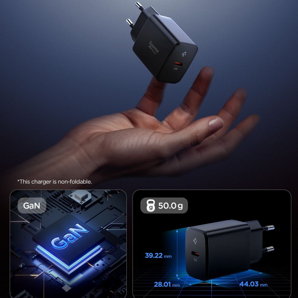 Spigen Essential EE201EU USB-C 20W sienas lādētājs – melns (1)