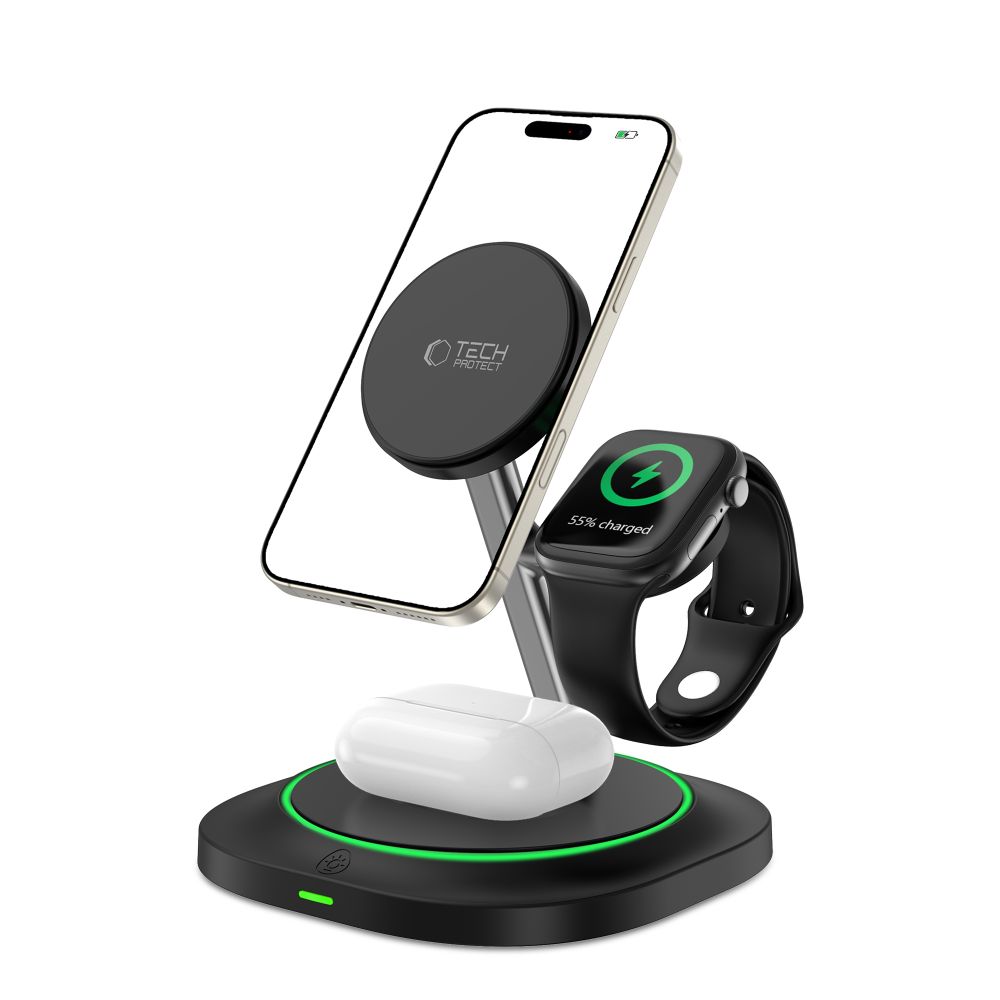Tech-Protect QI15W-A46 3in1 magnētiskā MagSafe induktīvā lādētājs – melns (0)