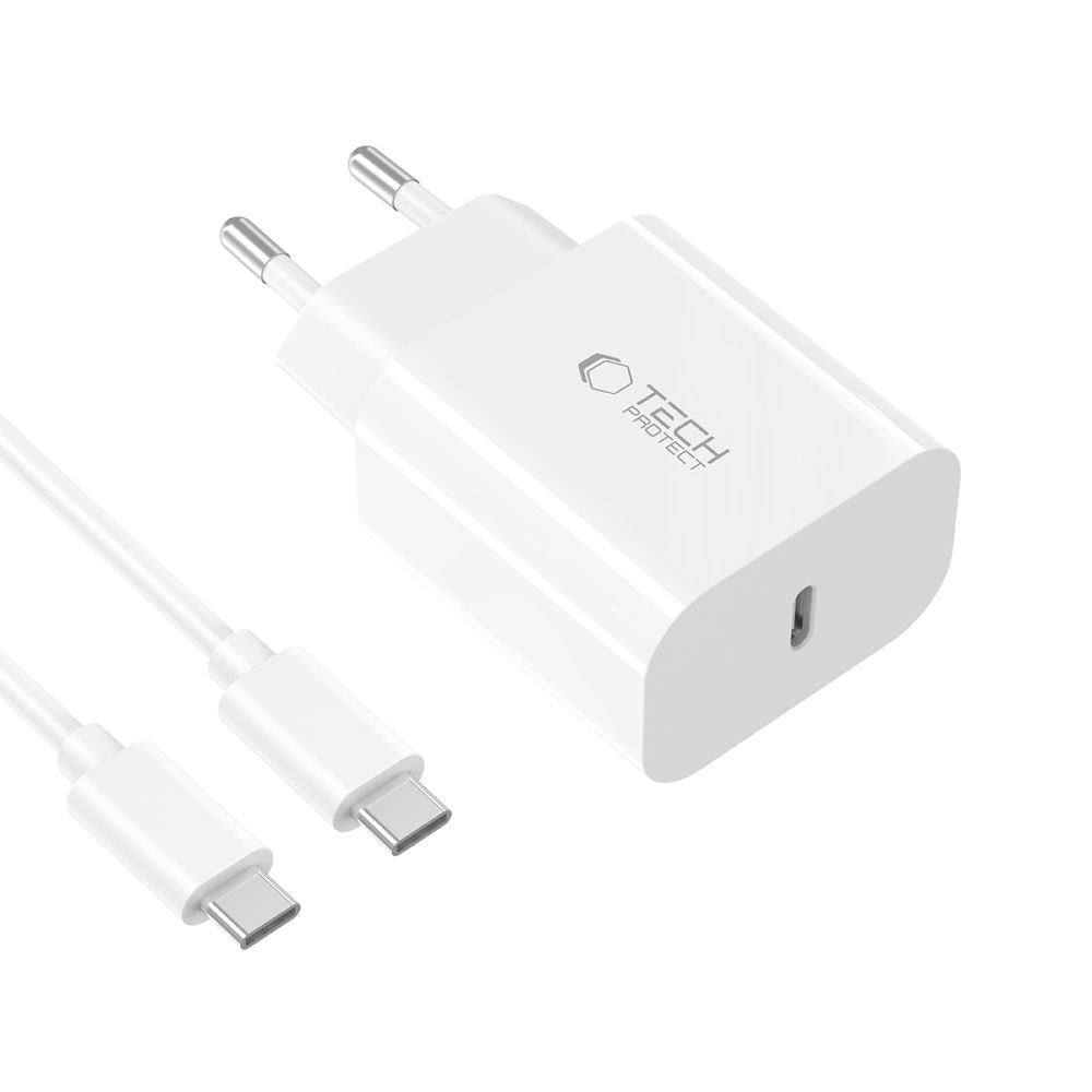 Tech-Protect NC20W PD20W USB-C sienas lādētājs ar USB-C kabeli - balts (1)