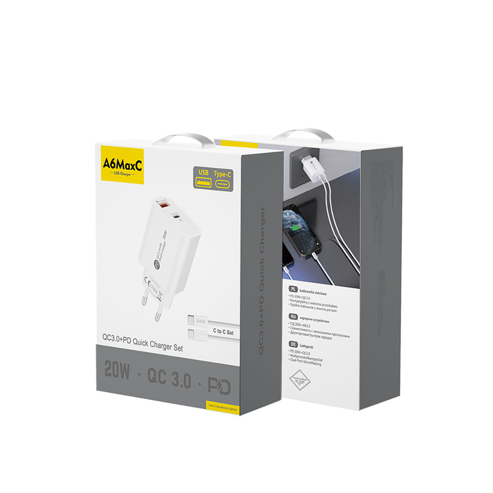 A6MaxL 20 W USB-A USB-C sienas lādētājs ar USB-C – USB-C 1 m kabeli – balts (1)