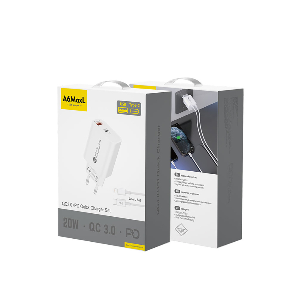 A6MaxL 20W USB-A USB-C sienas lādētājs ar 1 m USB-C – Lightning kabeli – balts (0)