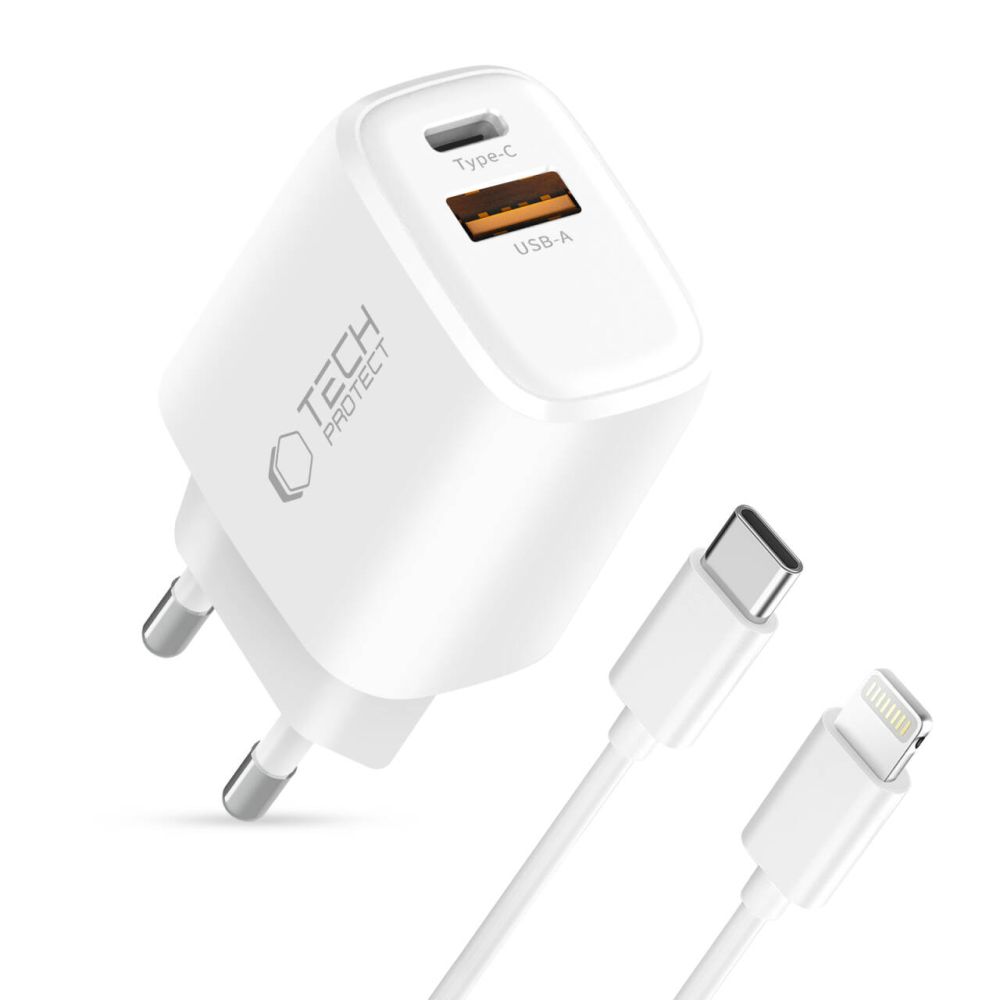 Tech-Protect NCA30 PD 30W QC3.0 USB-A / USB-C sienas lādētājs + USB-C / Lightning kabelis 100 cm – balts (0)
