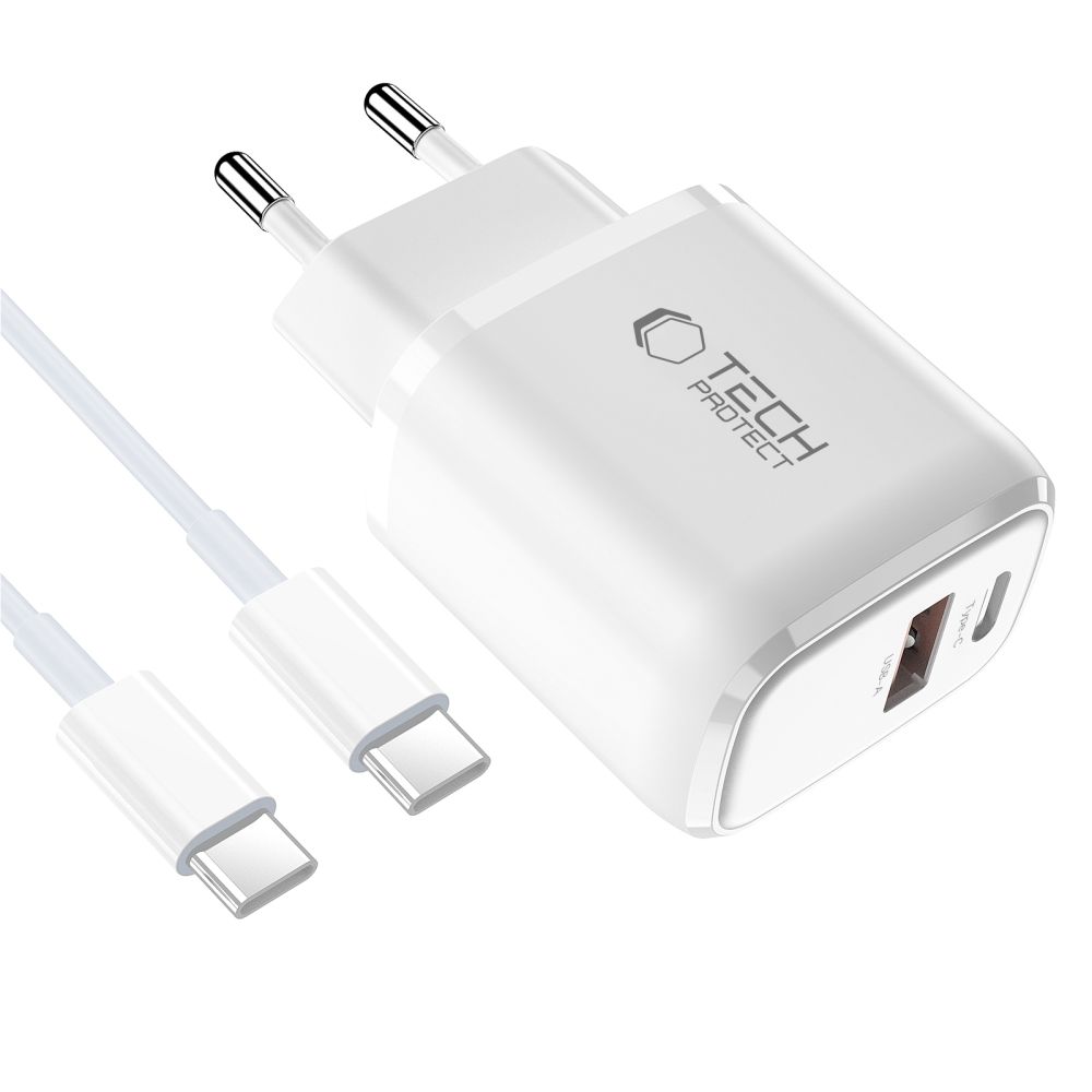 Tech-Protect NCA30 PD 30W QC3.0 USB-A / USB-C sienas lādētājs + USB-C / USB-C kabelis 100 cm – balts (1)