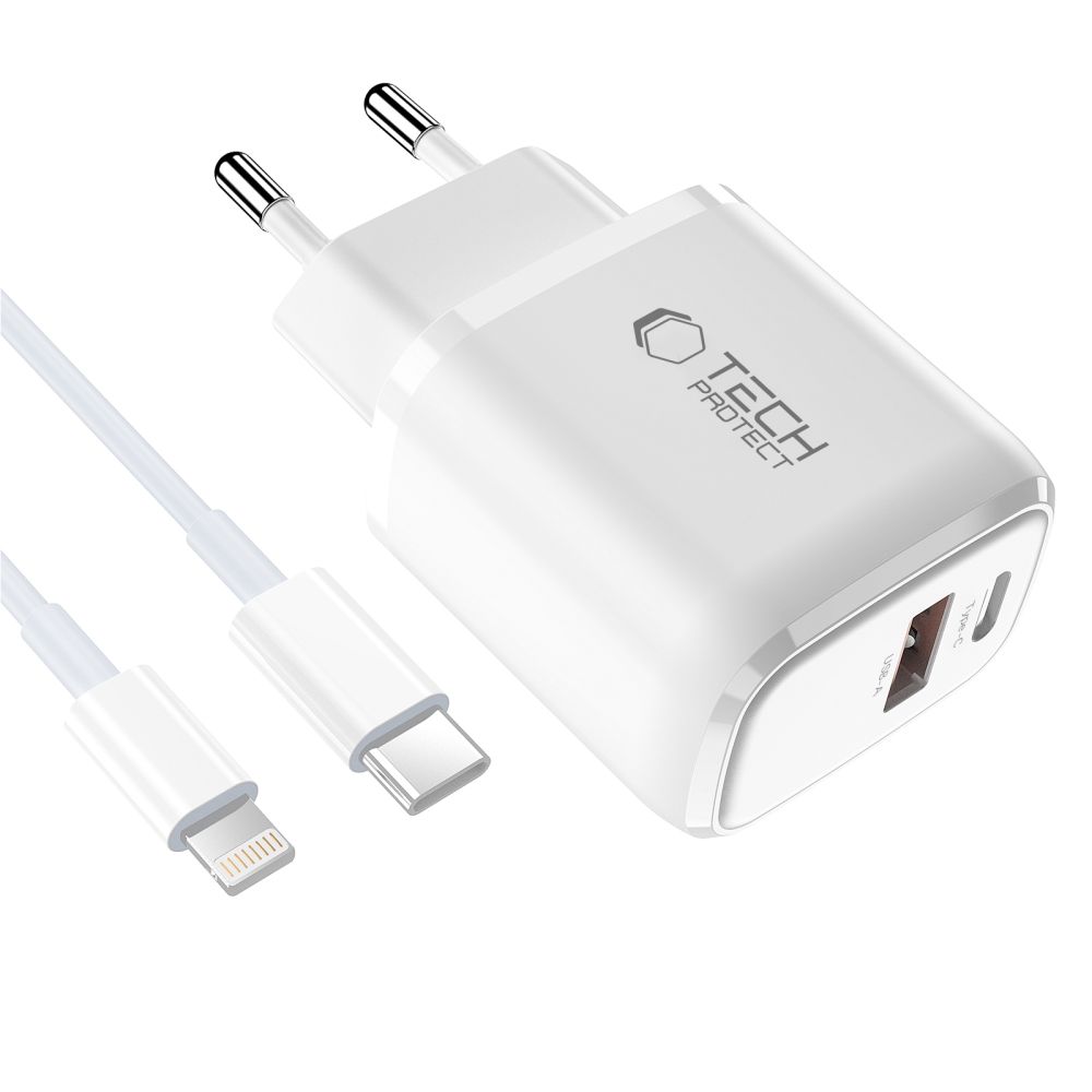 Tech-Protect NCA20 PD 20W QC3.0 USB-A / USB-C sienas lādētājs + USB-C / Lightning kabelis 100 cm - balts (1)