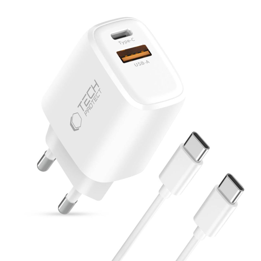 Tech-Protect NCA20 PD 20W QC3.0 USB-A / USB-C sienas lādētājs + USB-C / USB-C kabelis 100 cm - balts (0)