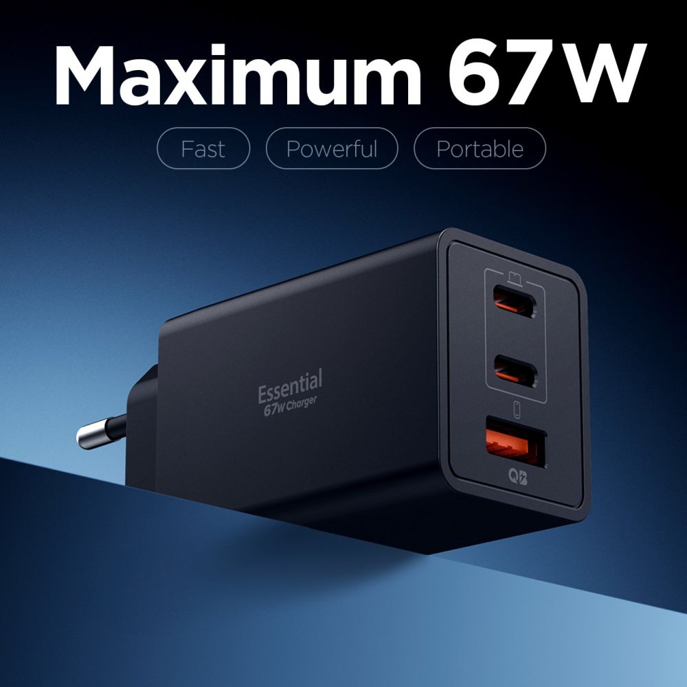 Spigen Essential EE673EU 3‑portu lādētājs 2xUSB‑C 1xUSB‑A 67W - melns (1)