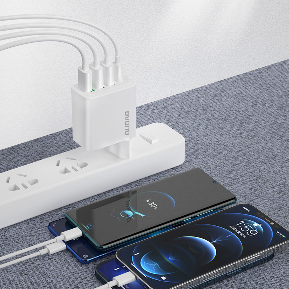Dudao A5HEU 3xUSB-A 1xUSB-C PD 20W QC3.0 18W+ 2x12W sienas lādētājs – balts (3)