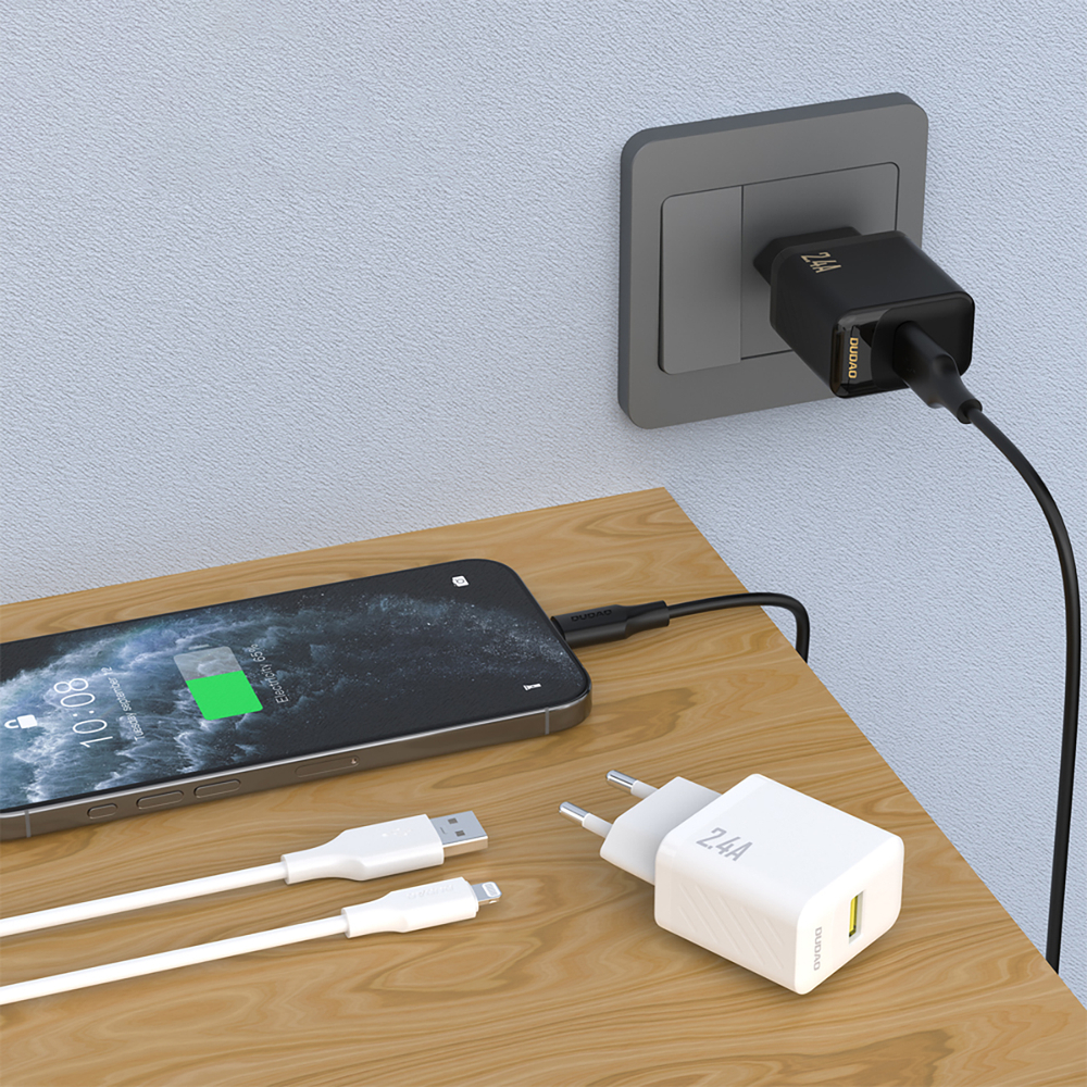 Dudao A23LEU 2.4A GaN EU USB-A sienas lādētājs ar USB-A uz Lightning kabeli – balts (0)