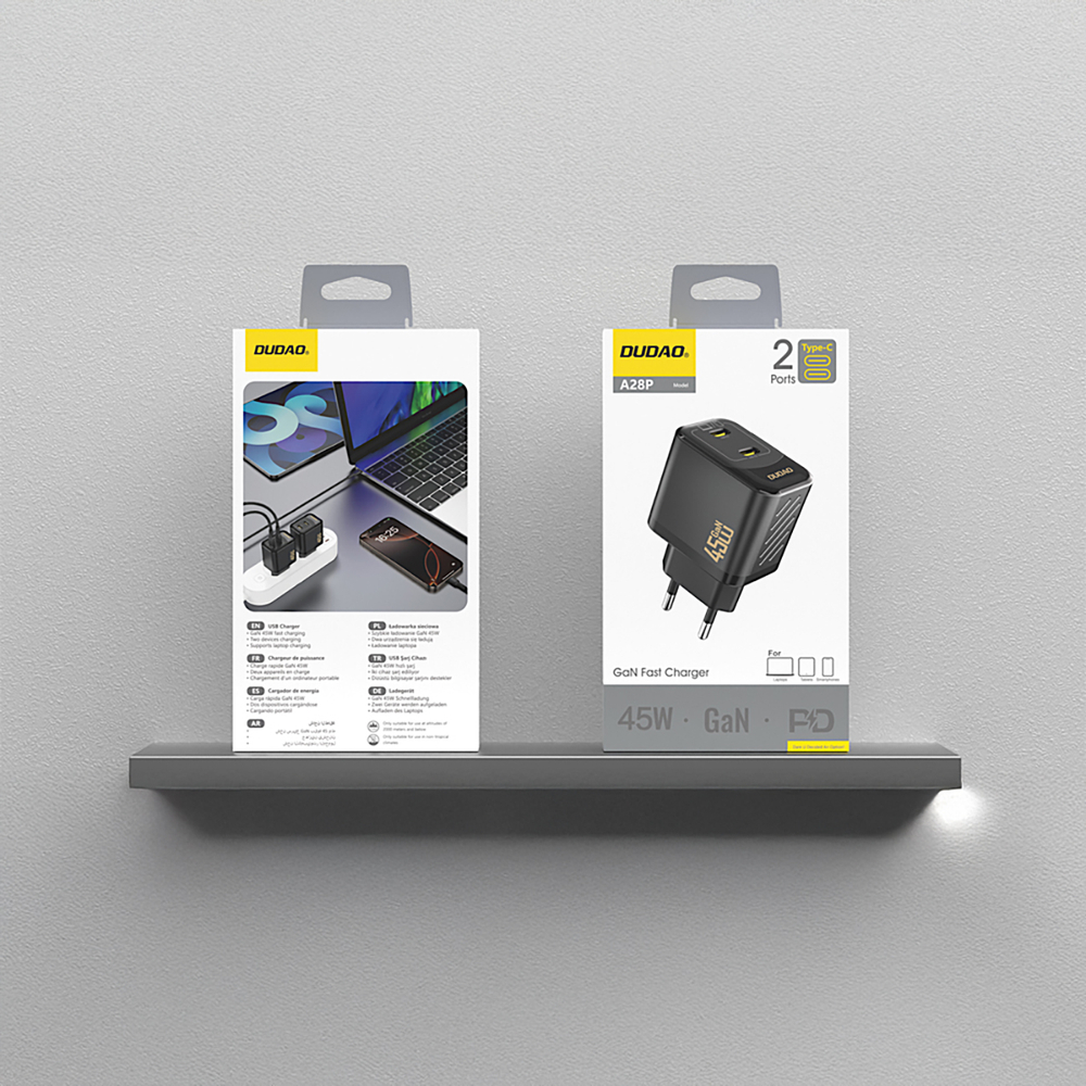 Dudao A28PEU PD 45W GaN 2xUSB sienas lādētājs – melns (2)
