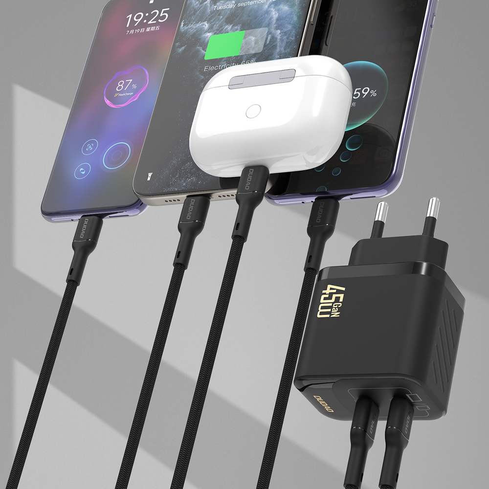 Dudao A28PCEU PD 45W GaN 2×USB‑C sienas lādētājs ar USB‑C kabeli – melns (3)