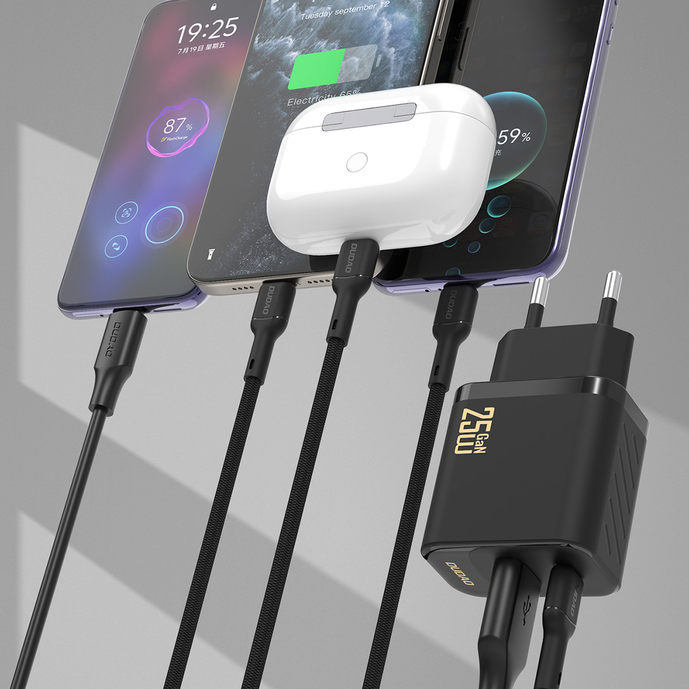 Dudao A26TCEU PD QC 25W GaN USB‑A USB‑C sienas lādētājs ar USB‑C kabeli – melns (0)