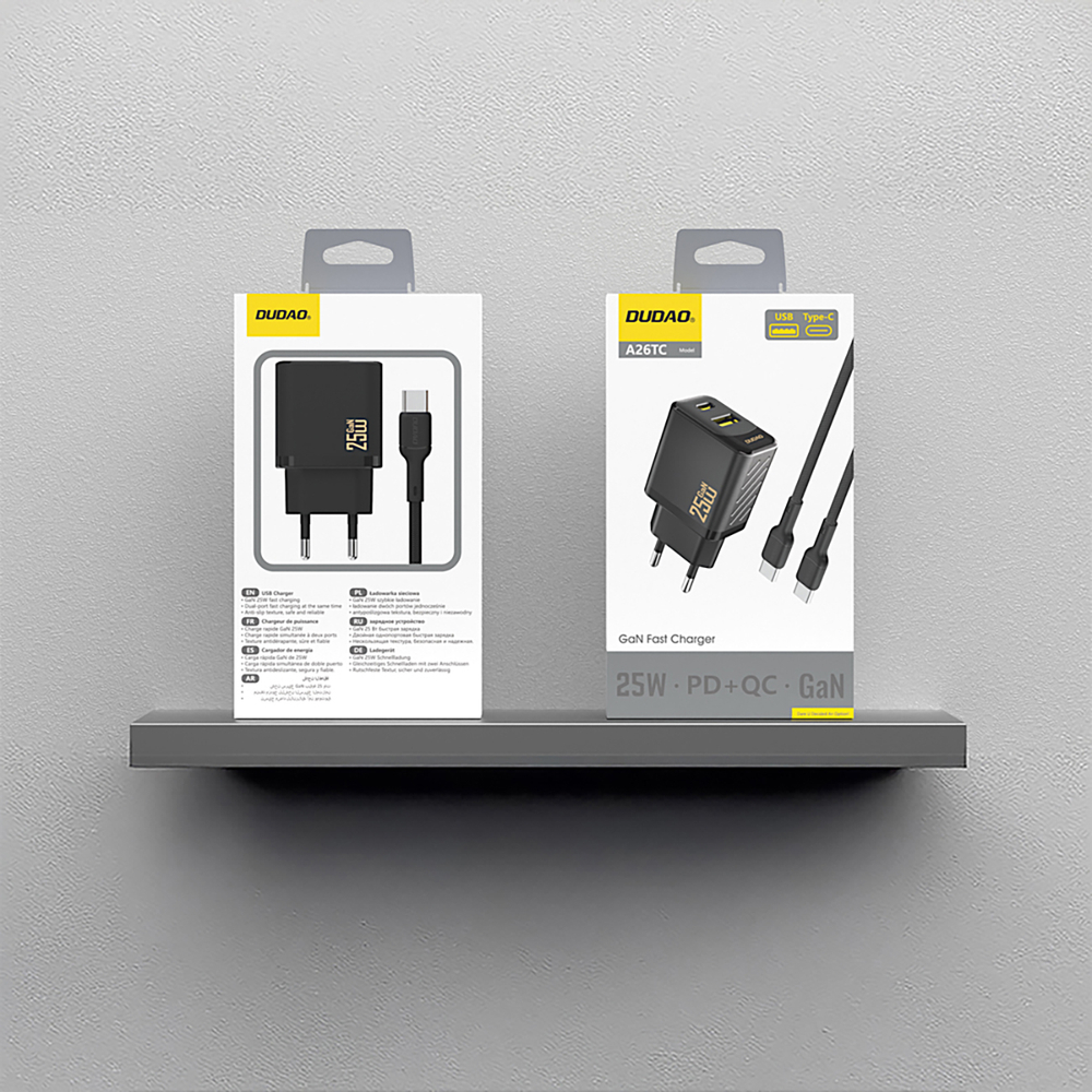 Dudao A26TCEU PD QC 25W GaN USB‑A USB‑C sienas lādētājs ar USB‑C kabeli – melns (3)