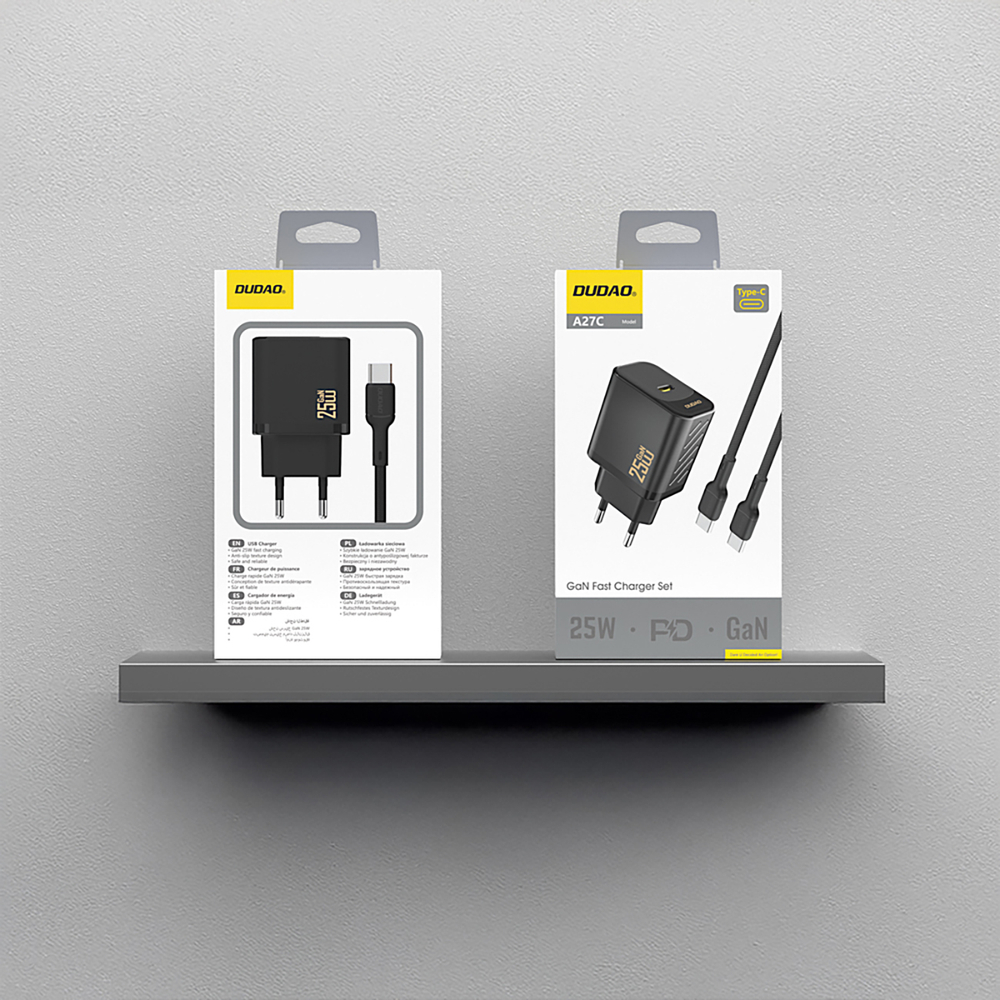 Dudao A27CEU PD 25W GaN SB-C sienas lādētājs ar USB‑C kabeli – melns (0)