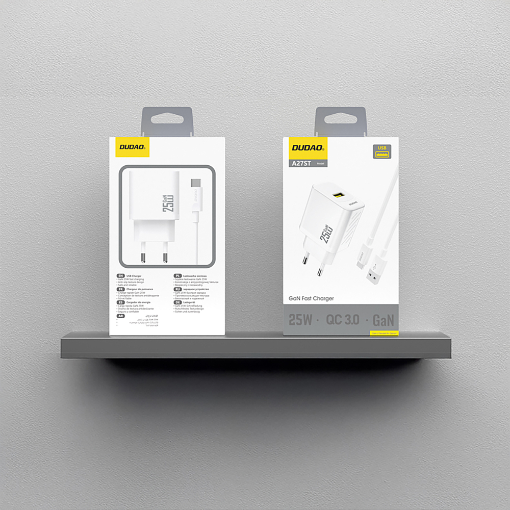 Dudao A27STEU 25W GaN USB-A sienas lādētājs ar USB-A – USB-C kabeli – balts (2)