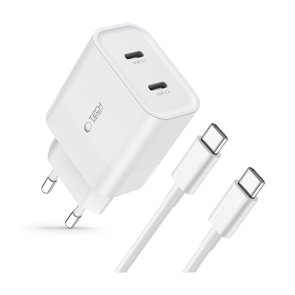 Tech-Protect C20W 2x USB-C PD 20W lādētājs ar USB-C / USB-C kabeli - balts (0)