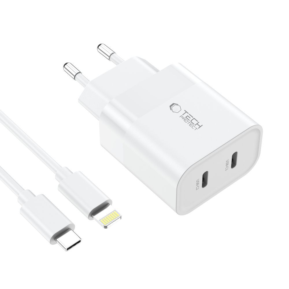 Tech-Protect C20W 2x USB-C PD 20W lādētājs ar USB-C / USB-C kabeli - balts (1)
