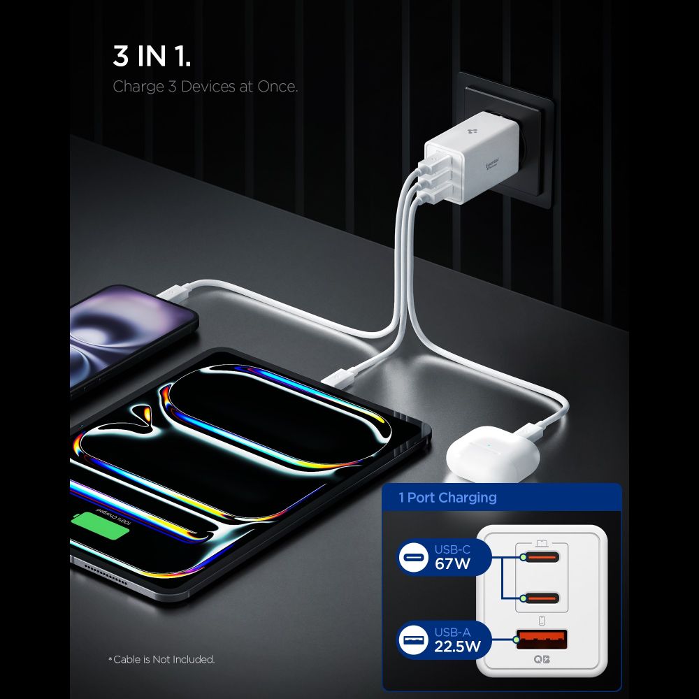 Spigen Essential EE673EU 3-portu 67W sienas lādētājs – balts (1)